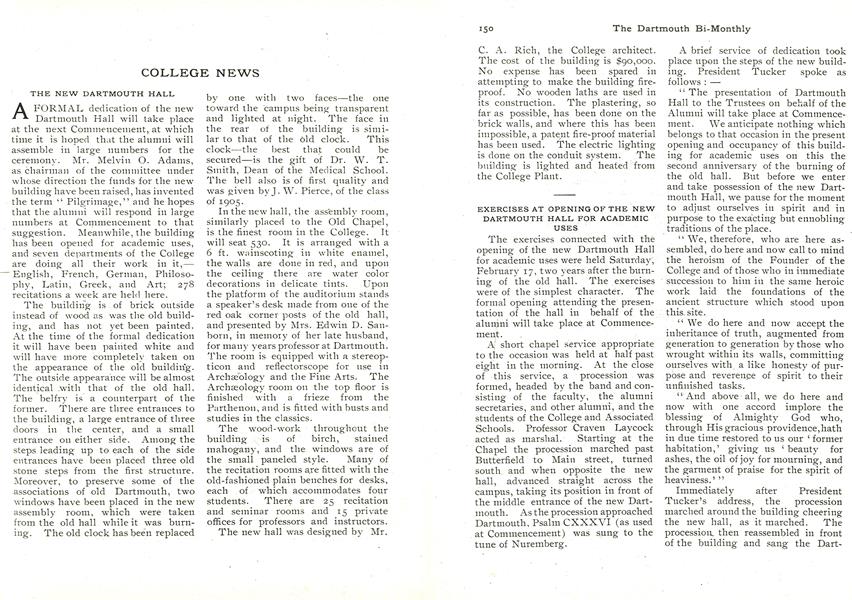 EXERCISES AT OPENING OF THE NEW DARTMOUTH HALL FOR ACADEMIC USES