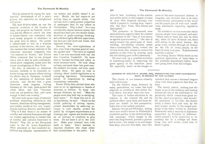 ADDRESS OF MELVIN O. ADAMS, ESQ., PRESENTING THE NEW DARTMOUTH HALL IN BEHALF OF THE ALUMNI