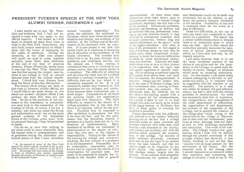 PRESIDENT TUCKER'S SPEECH AT THE NEW YORK ALUMNI DINNER, DECEMBER 8, 1908*