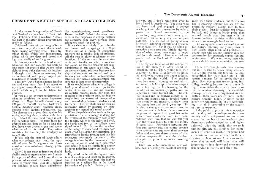 PRESIDENT NICHOLS' SPEECH AT CLARK COLLEGE