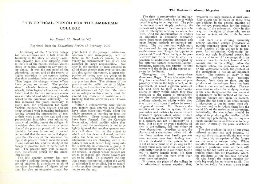 THE CRITICAL PERIOD FOR THE AMERICAN COLLEGE