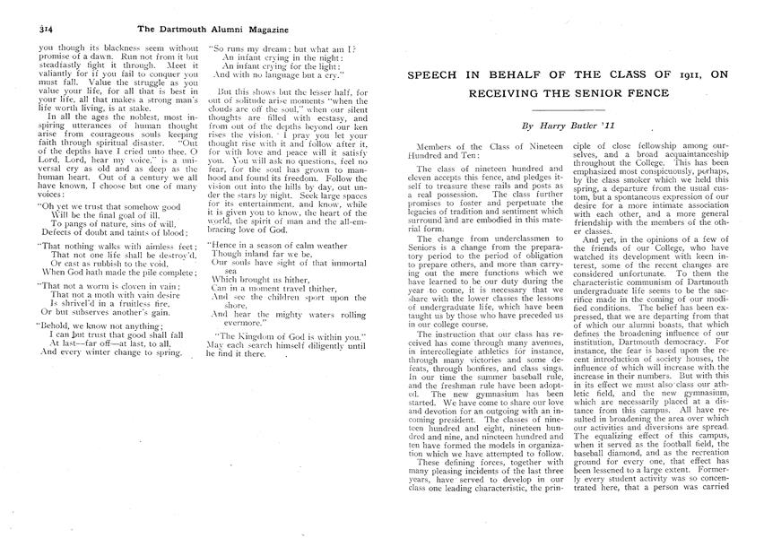 SPEECH IN BEHALF OF THE CLASS OF 1911, ON RECEIVING THE SENIOR FENCE
