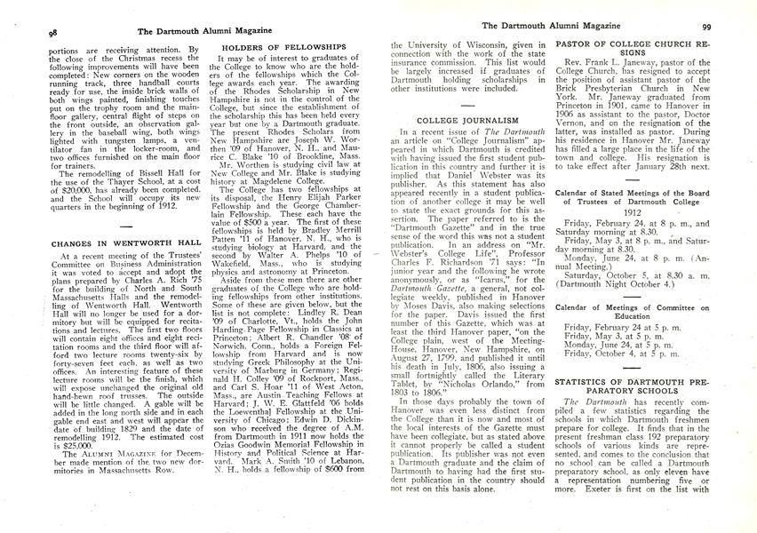 Calendar of Stated Meetings of the Board of Trustees of Dartmouth College 1912