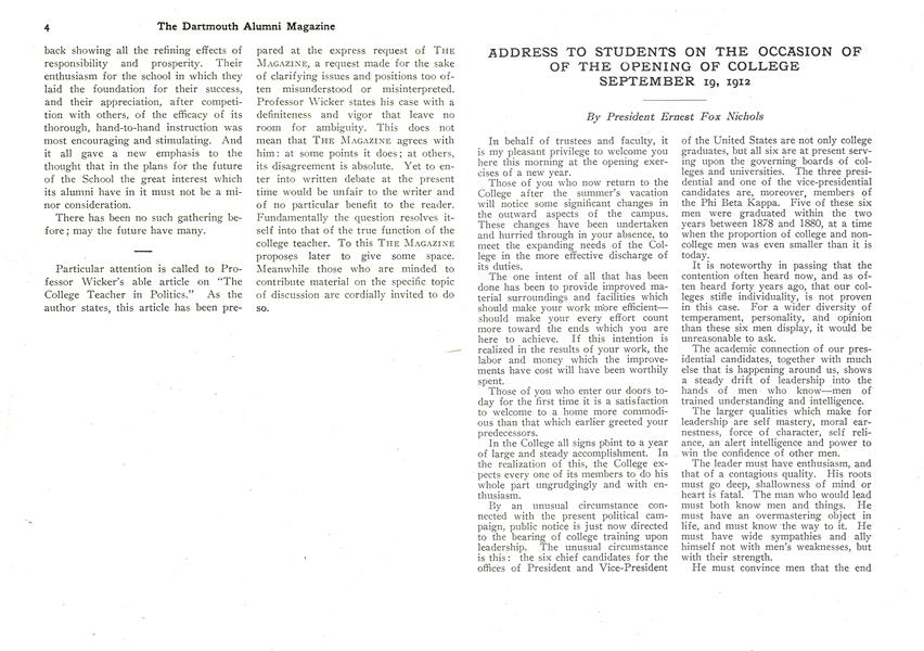ADDRESS TO STUDENTS ON THE OCCASION OF OF THE OPENING OF COLLEGE SEPTEMBER 19, 1912