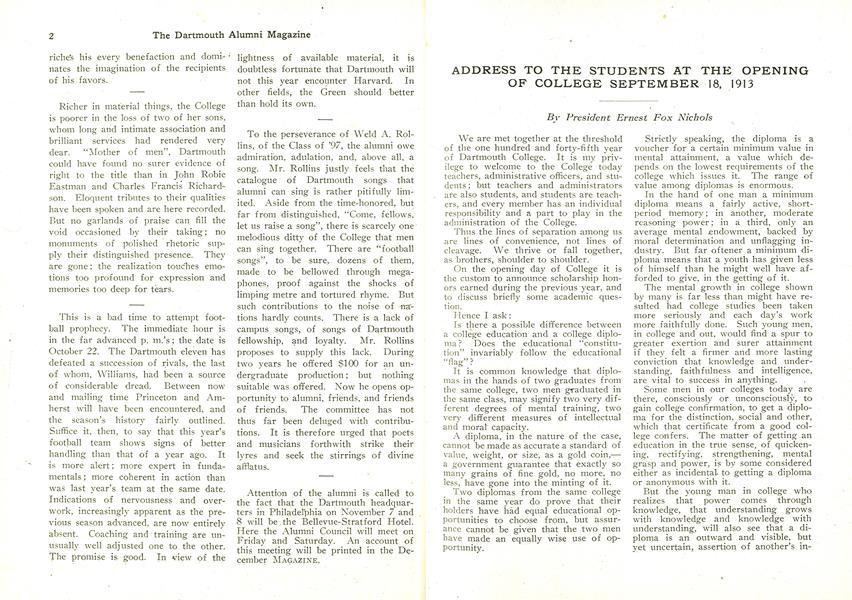 ADDRESS TO THE STUDENTS AT THE OPENING OF COLLEGE SEPTEMBER 18, 1913