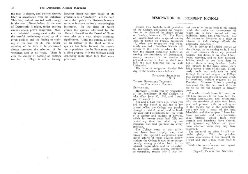 RESIGNATION OF PRESIDENT NICHOLS