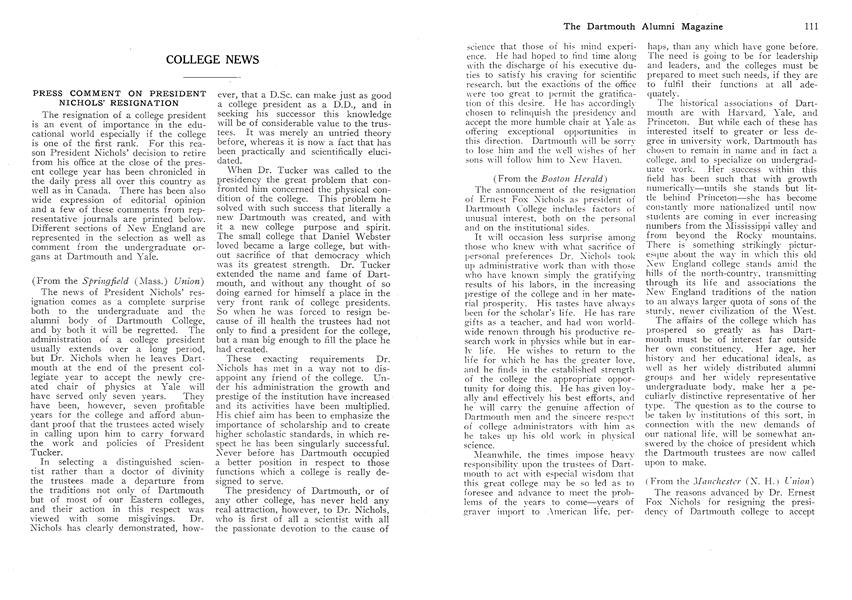 PRESS COMMENT ON PRESIDENT NICHOLS' RESIGNATION