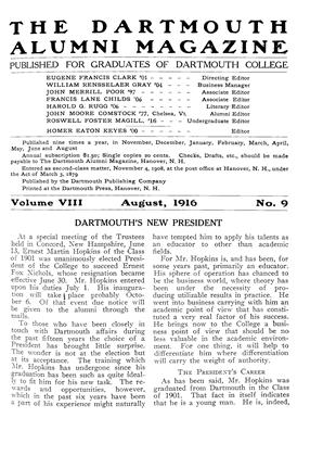 August, 1916 | Dartmouth Alumni Magazine