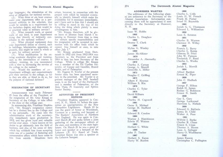 ACTIVITIES OF PRESIDENT HOPKINS