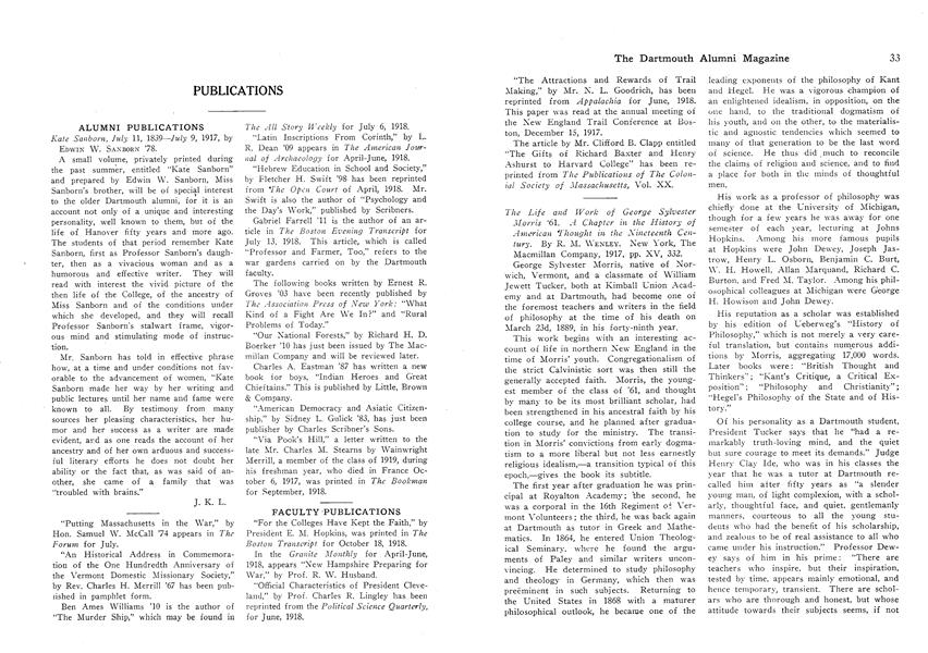 The Life and Work of George Sylvester Morris '61.  A Chapter in the History of American Thought in the Nineteenth Century