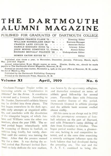 Graduate-Manager Pender writes an interesting article on "Combination in Athletics" for the Bema.