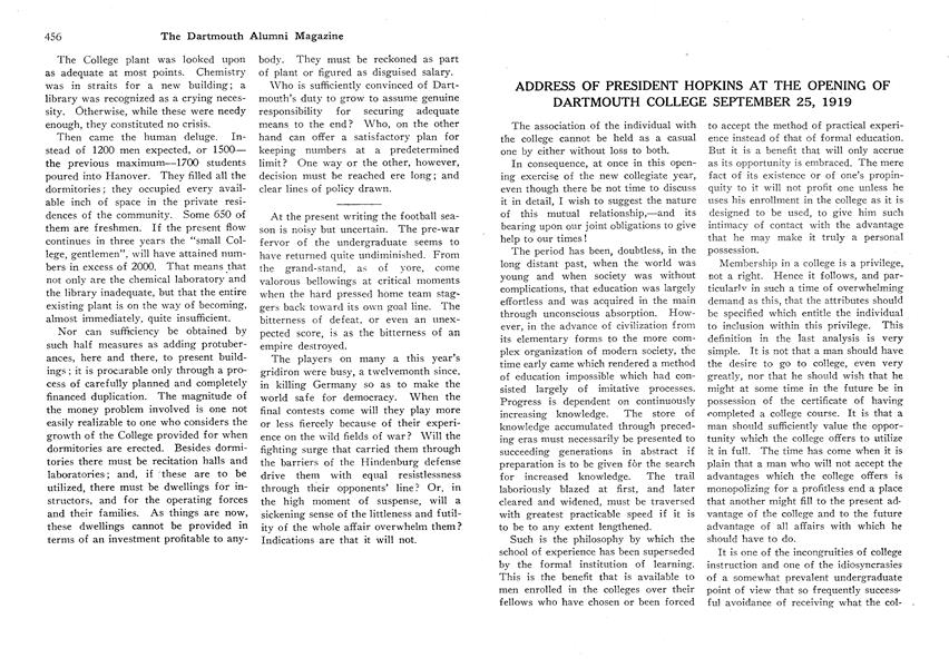 ADDRESS OF PRESIDENT HOPKINS AT THE OPENING OF DARTMOUTH COLLEGE SEPTEMBER 25, 1919