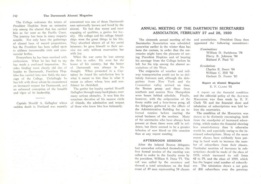 ANNUAL MEETING OF THE DARTMOUTH SECRETARIES ASSOCIATION, FEBRUARY 27 and 28, 1920