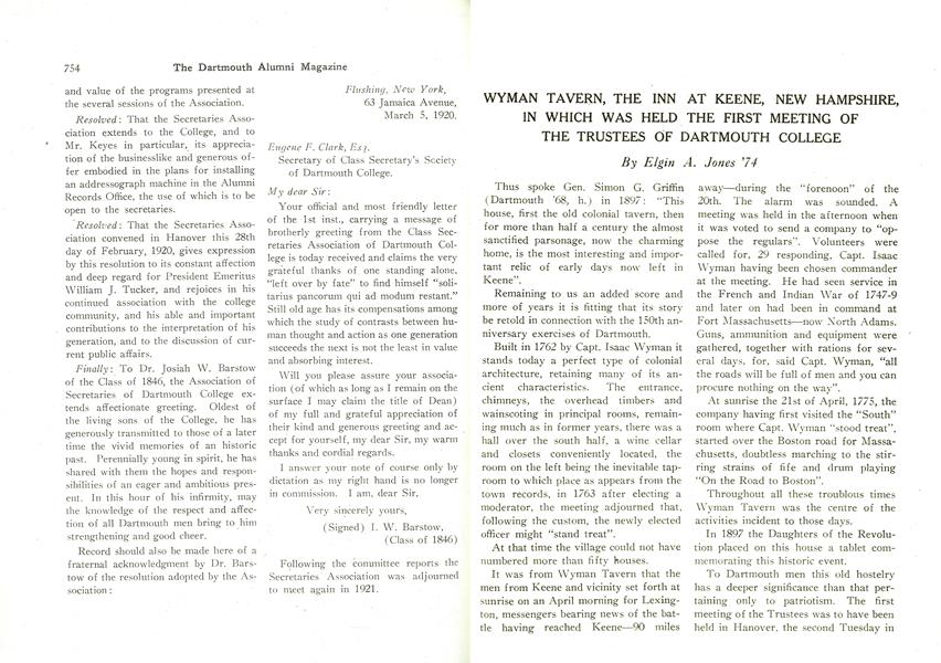 WYMAN TAVERN, THE INN AT KEENE, NEW HAMPSHIRE IN WHICH WAS HELD THE FIRST MEETING OF THE TRUSTEES OF DARTMOUTH COLLEGE