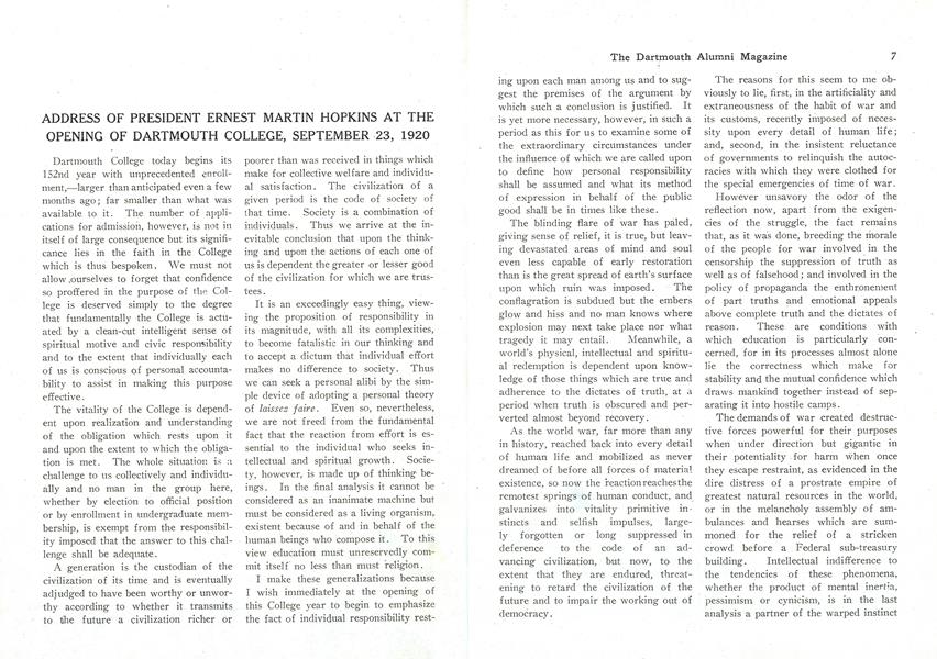 ADDRESS OF PRESIDENT ERNEST MARTIN HOPKINS AT THE OPENING OF DARTMOUTH COLLEGE, SEPTEMBER 23, 1920