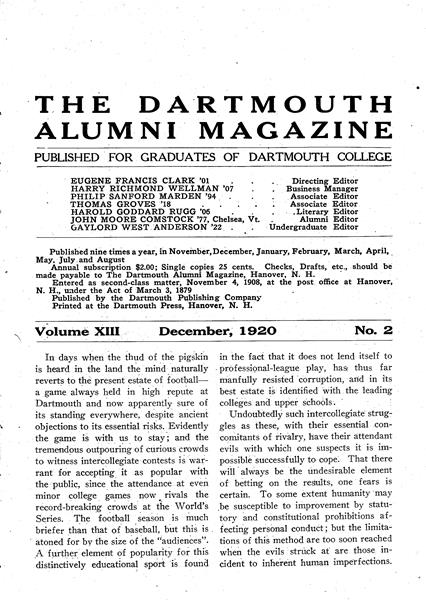Issue: - December 1920 | Dartmouth Alumni Magazine