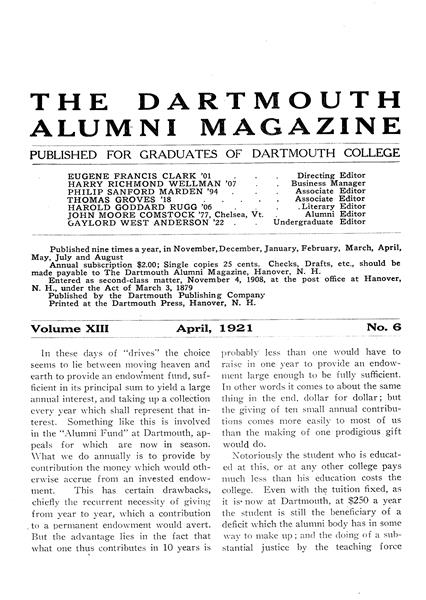 Issue: - April 1921 | Dartmouth Alumni Magazine