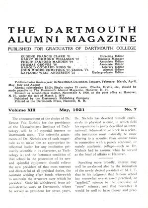 May 1921 | Dartmouth Alumni Magazine