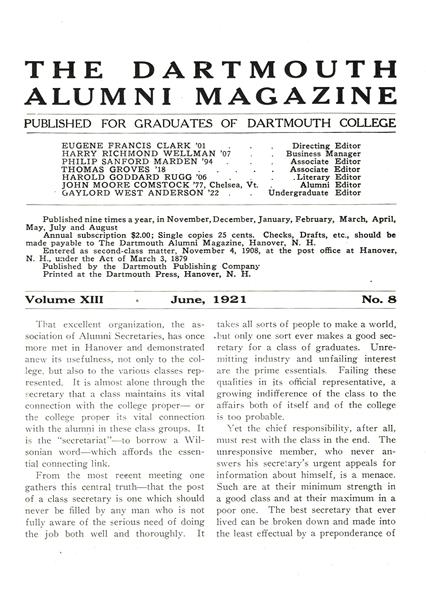 Issue: - June 1921 | Dartmouth Alumni Magazine