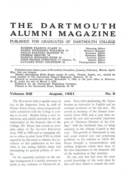 Issue: - August 1921 | Dartmouth Alumni Magazine