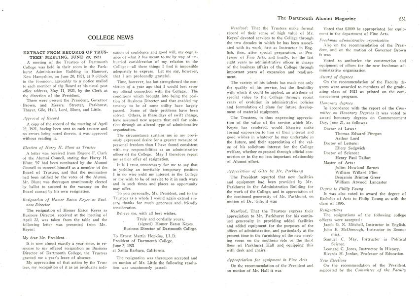 EXTRACT FROM RECORDS OF TRUSTEES' MEETING, JUNE 20, 1921