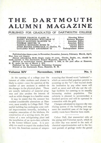 Issue: - November 1921 | Dartmouth Alumni Magazine