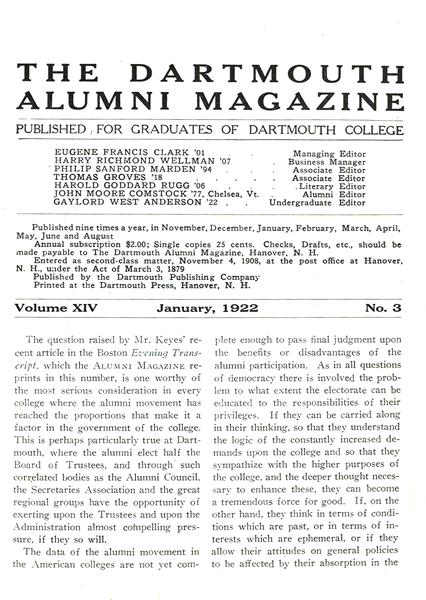 Issue: - January 1922 | Dartmouth Alumni Magazine