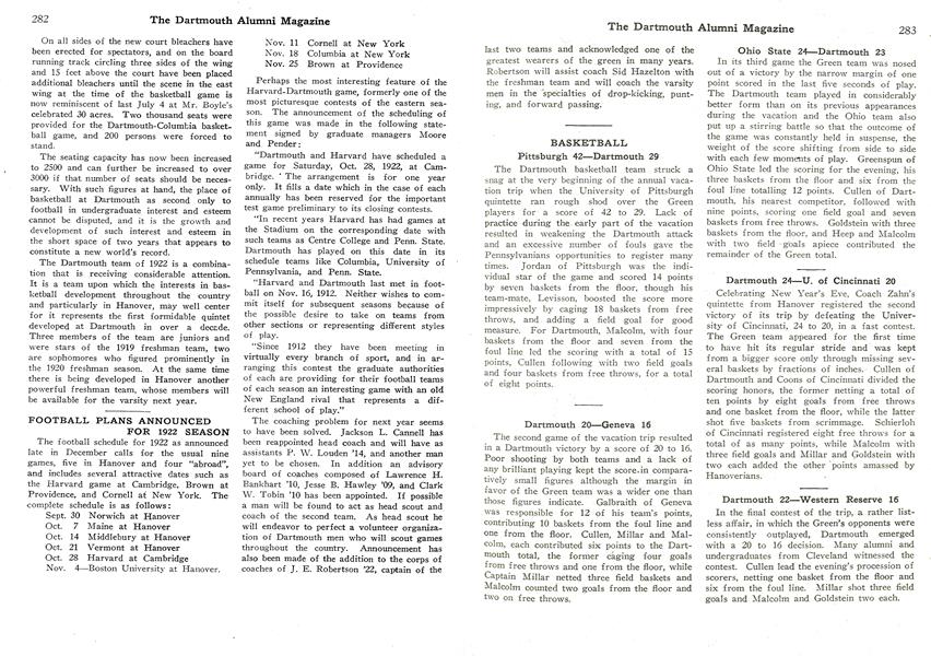 1922 TRACK SCHEDULE INCLUDES DUAL MEET IN HANOVER