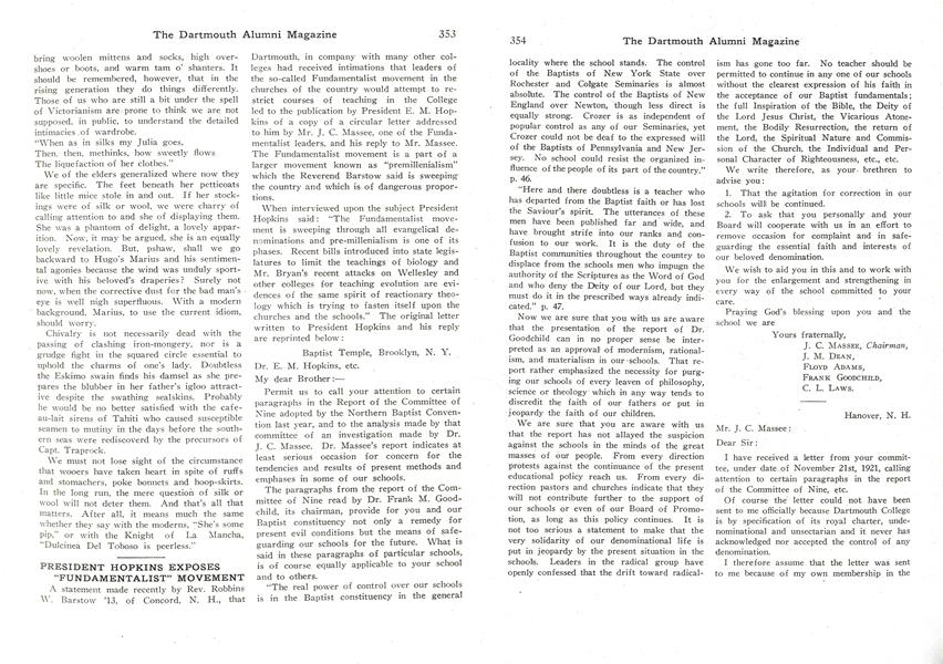 PRESIDENT HOPKINS EXPOSES "FUNDAMENTALIST" MOVEMENT