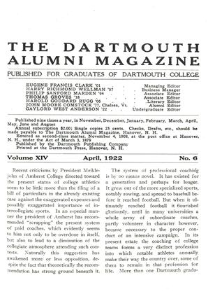 April, 1922 | Dartmouth Alumni Magazine