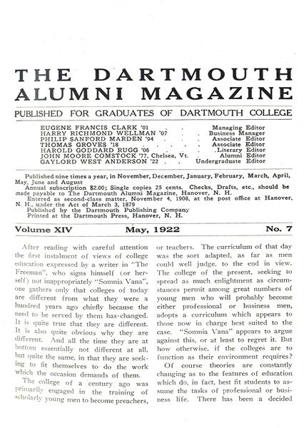 Issue: - May 1922 | Dartmouth Alumni Magazine