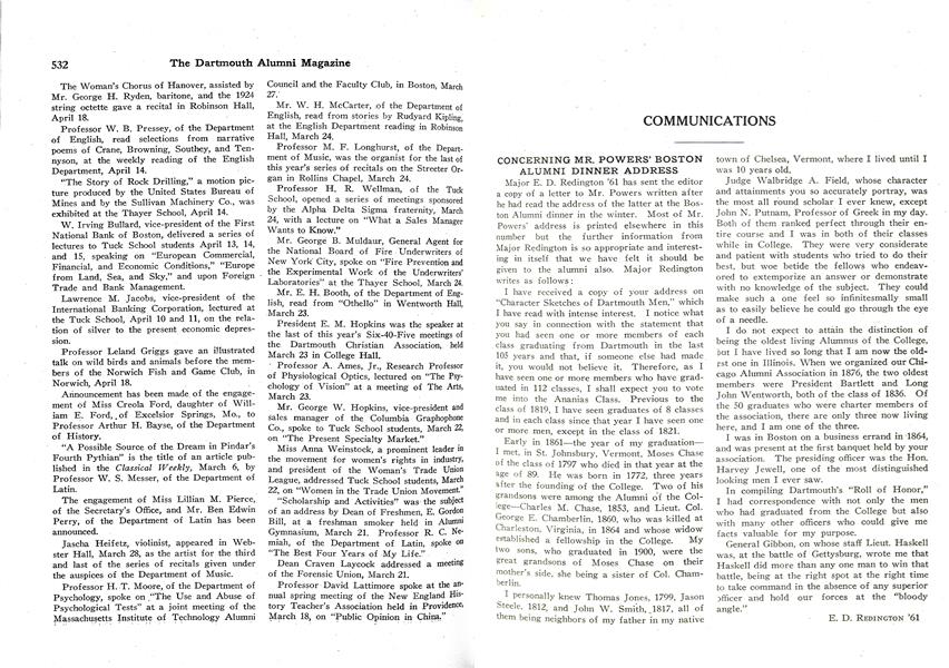 CONCERNING MR. POWERS' BOSTON ALUMNI DINNER ADDRESS