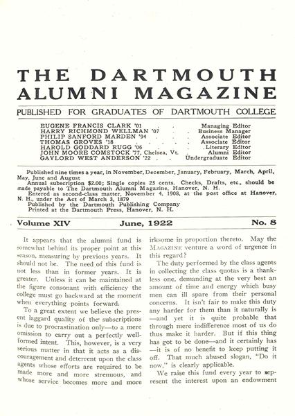 Issue: - June 1922 | Dartmouth Alumni Magazine
