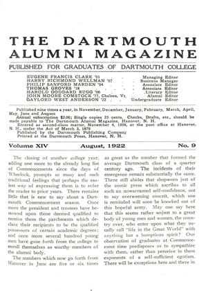 August, 1922 | Dartmouth Alumni Magazine