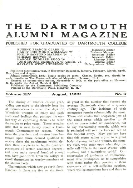 Issue: - August 1922 | Dartmouth Alumni Magazine