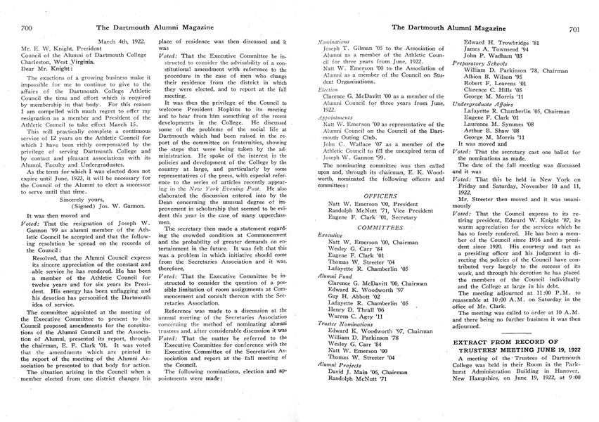 EXTRACT FROM RECORD OF TRUSTEES' MEETING JUNE 19, 1922