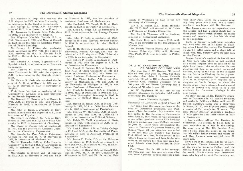 DR. J. W. BARSTOW '46 ONE OF OLDEST COLLEGE MEN
