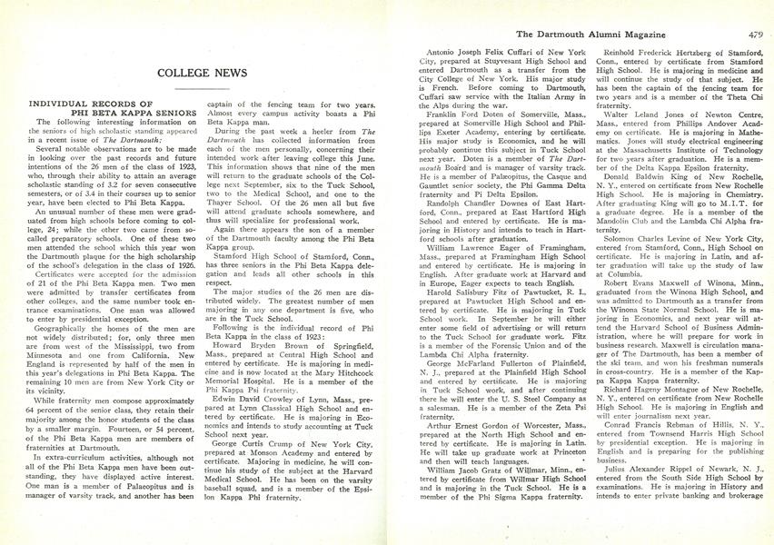 Australische persoon rotatie Uitstroom INDIVIDUAL RECORDS OF PHI BETA KAPPA SENIORS | Dartmouth Alumni Magazine |  April, 1923