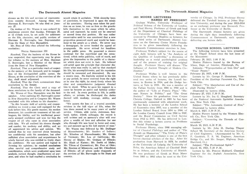 1923 MOORE LECTURERS NAMED BY PRESIDENT
