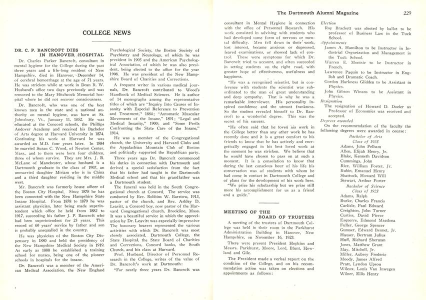 DR. C. P. BANCROFT DIES IN HANOVER HOSPITAL