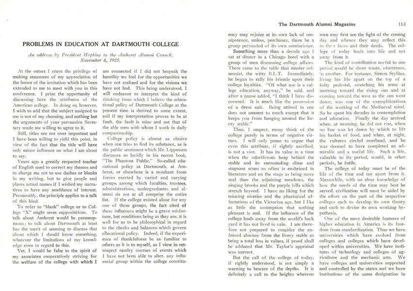 PROBLEMS IN EDUCATION AT DARTMOUTH COLLEGE