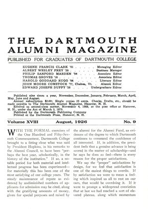 August, 1926 | Dartmouth Alumni Magazine