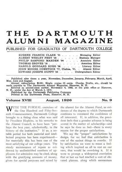 Issue: - August 1926 | Dartmouth Alumni Magazine