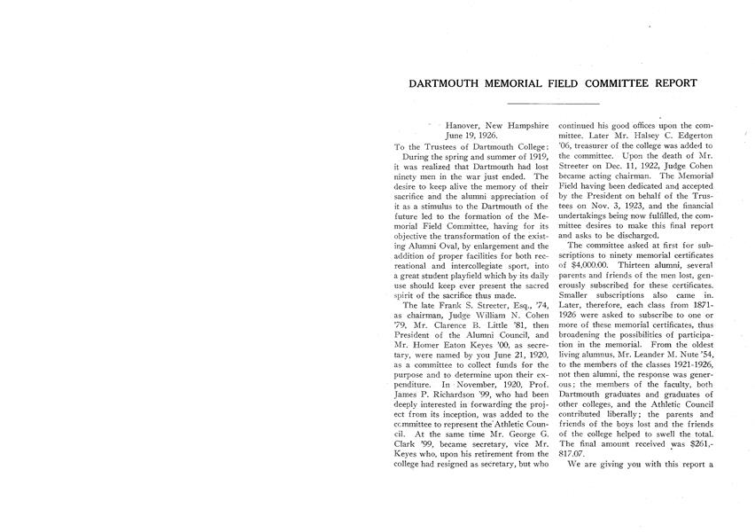 DARTMOUTH MEMORIAL FIELD COMMITTEE REPORT