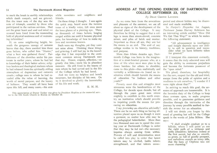 ADDRESS AT THE OPENING EXERCISE OF DARTMOUTH COLLEGE SEPTEMBER 23, 1926