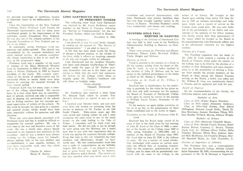 LORD DARTMOUTH WRITES OF PRESIDENT TUCKER