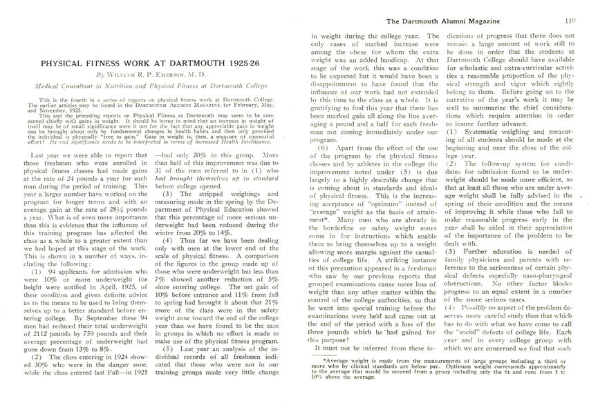 PHYSICAL FITNESS WORK AT DARTMOUTH 1925-26