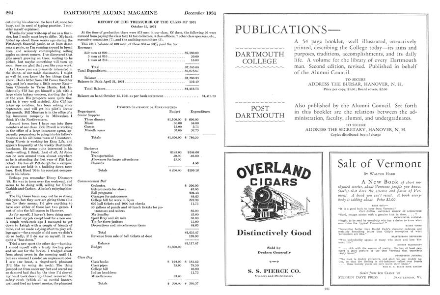 REPORT OF THE TREASURER OF THE CLASS OF 1931