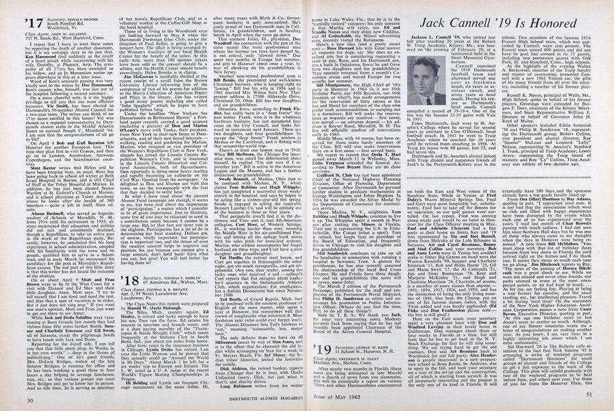 Jack Cannell 19 Is Honored Dartmouth Alumni Magazine May 1962