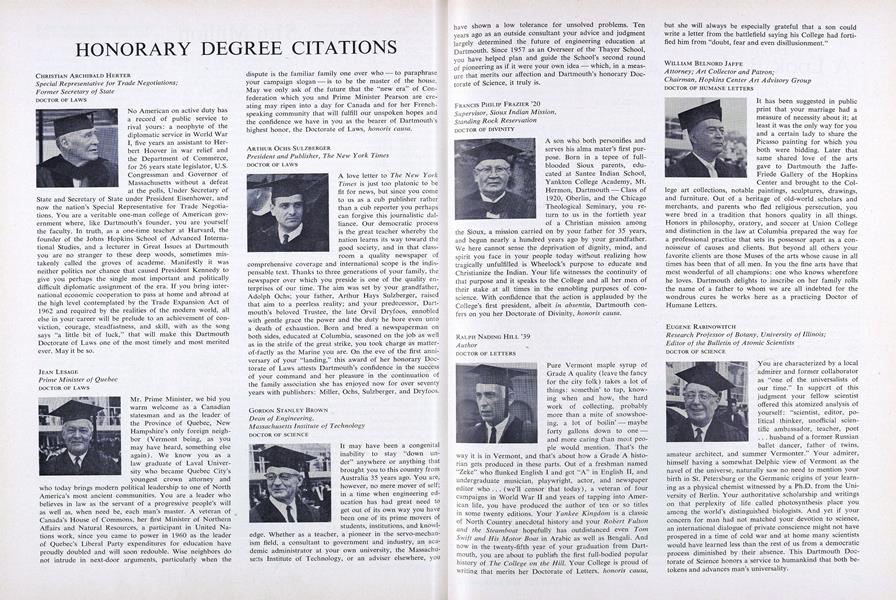HONORARY DEGREE CITATIONS | Dartmouth Alumni Magazine | JULY 1964